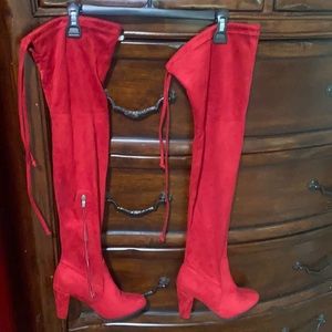 Red thigh high boots